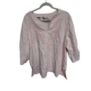 Edward Woman 2X Pink‎ Irish Linen Embroidered Tunic Top Womens Plus Size Blouse